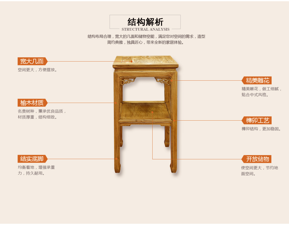 瀚明轩 HMX-1054型号中式古典风格榆木高圈椅中间几 结构