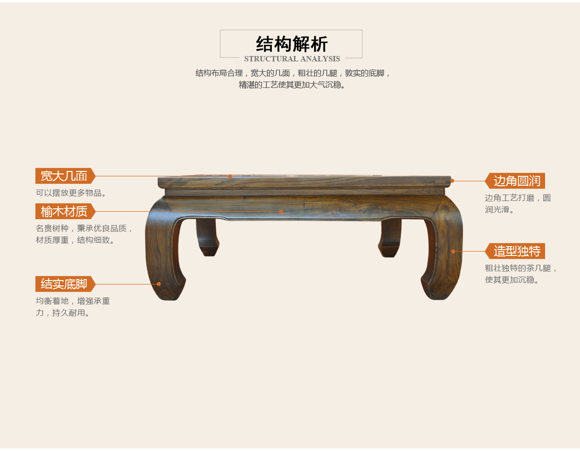 瀚明轩 HMX-1032型号中式古典风格榆木大弯腿大方茶几 结构