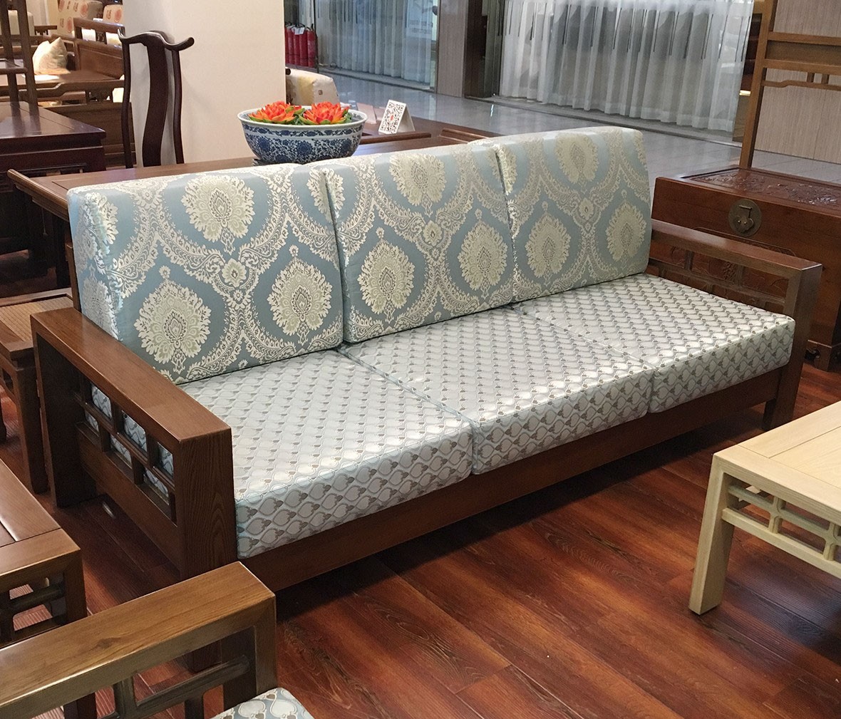 瀚明轩 HMX-1012型号中式古典风格榆木花格三人沙发